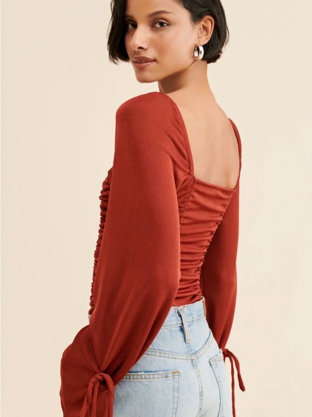 Free People Rust Long-Sleeve Ruched Bodysuit